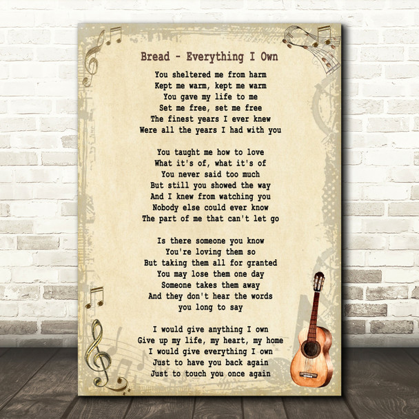 Bread Everything I Own Song Lyric Vintage Quote Print