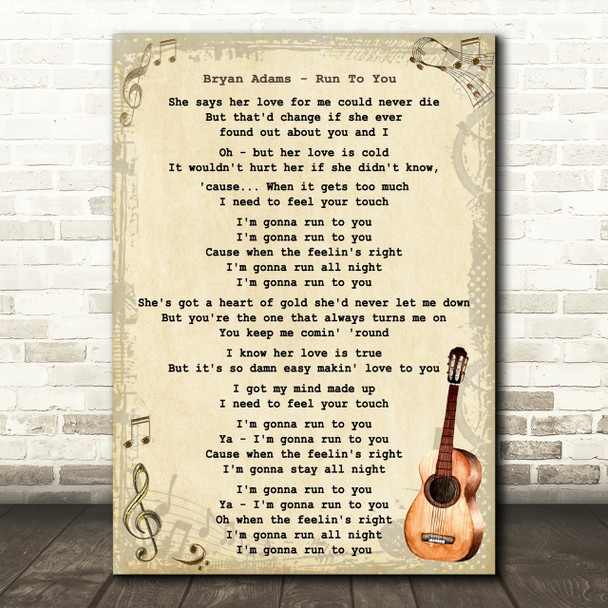 Bryan Adams Run To You Song Lyric Vintage Quote Print