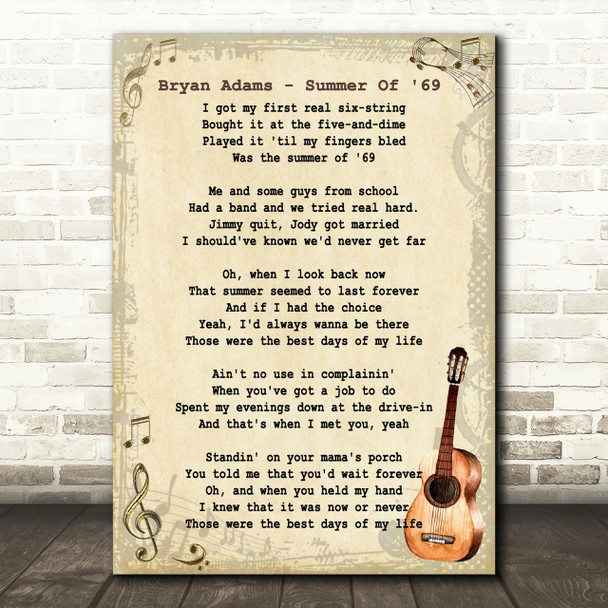 Bryan Adams Summer Of 69 Song Lyric Vintage Quote Print