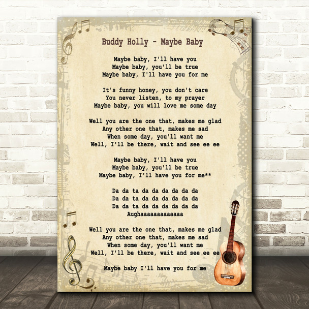 Buddy Holly Maybe Baby Song Lyric Vintage Quote Print