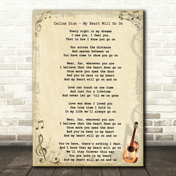 Celine Dion My Heart Will Go On Vintage Guitar Song Lyric Quote Print