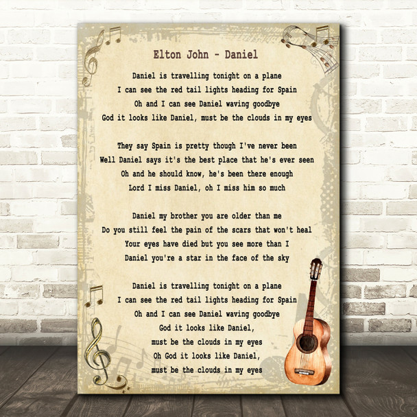 Elton John Daniel Song Lyric Vintage Quote Print