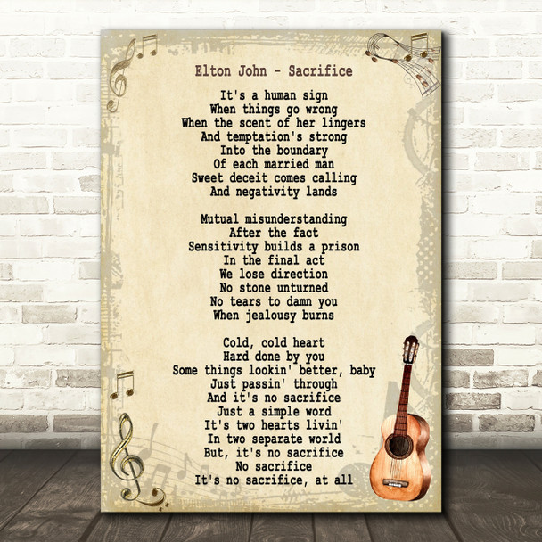 Elton John Sacrifice Song Lyric Vintage Quote Print - Red Heart Print