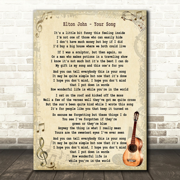 Elton John Your Song Song Lyric Vintage Quote Print