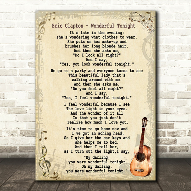 Eric Clapton Wonderful Tonight Song Lyric Vintage Quote Print