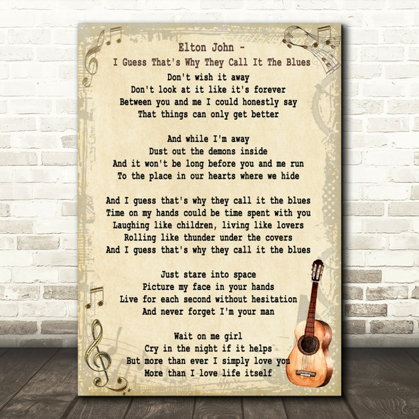 I Guess That's Why They Call It The Blues Song Lyric Vintage Quote Print