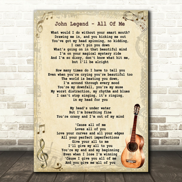 John Legend All Of Me Song Lyric Vintage Quote Print