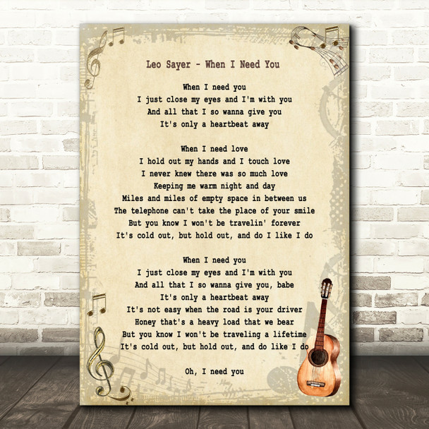 Leo Sayer When I Need You Song Lyric Vintage Quote Print