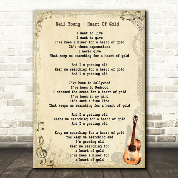 Neil Young Heart Of Gold Song Lyric Vintage Quote Print