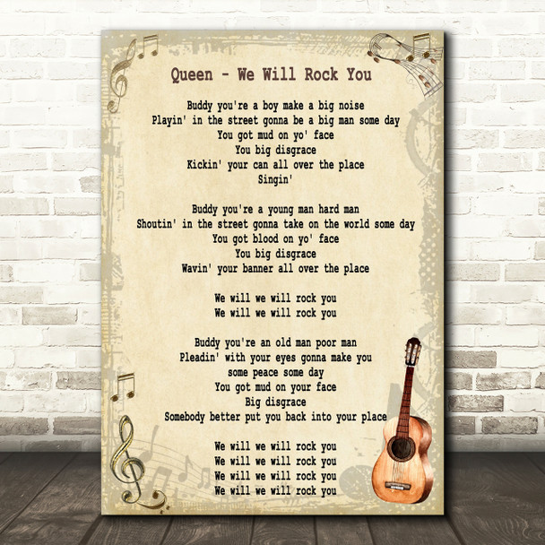 Queen We Will Rock You Song Lyric Vintage Quote Print