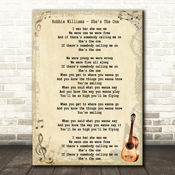 Robbie Williams She's The One Song Lyric Vintage Quote Print
