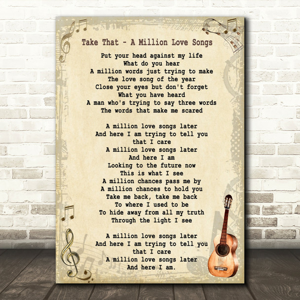 Take That A Million Love Songs Song Lyric Vintage Quote Print