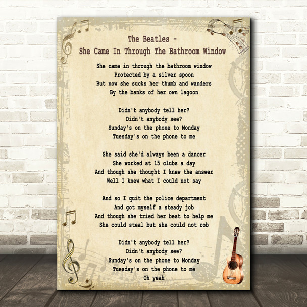 The Beatles She Came In Through The Bathroom Window Song Lyric Quote Print