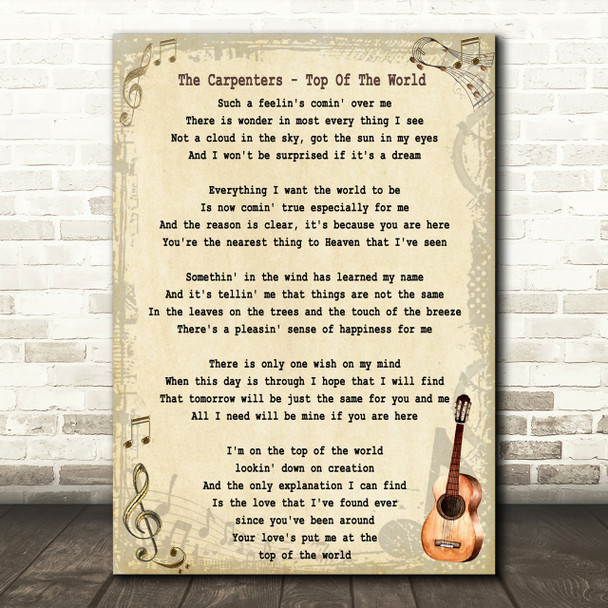 The Carpenters Top Of The World Song Lyric Vintage Quote Print