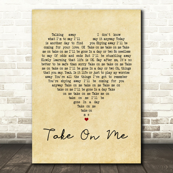 A-ha Take On Me Vintage Heart Song Lyric Quote Print