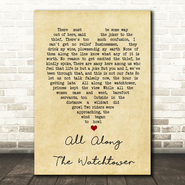 All Along The Watchtower Bob Dylan Vintage Heart Quote Song Lyric Print