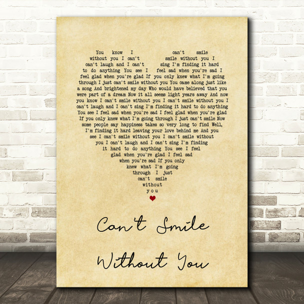 Barry Manilow Can't Smile Without You Vintage Heart Song Lyric Quote Print