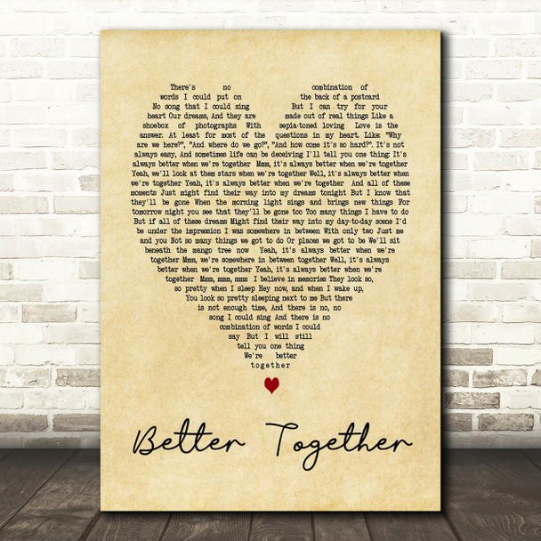 Better Together Jack Johnson Vintage Heart Song Lyric Quote Print