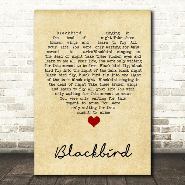 Blackbird The Beatles Vintage Heart Quote Song Lyric Print