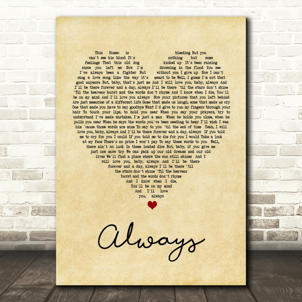 Bon Jovi Always Vintage Heart Song Lyric Quote Print