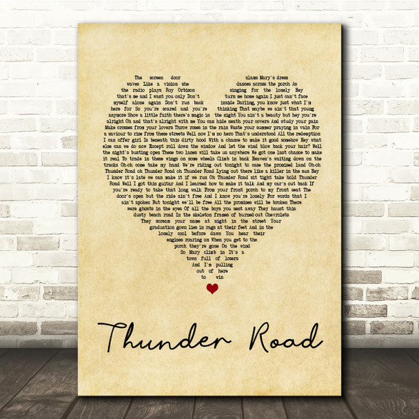 Bruce Springsteen Thunder Road Vintage Heart Song Lyric Quote Print