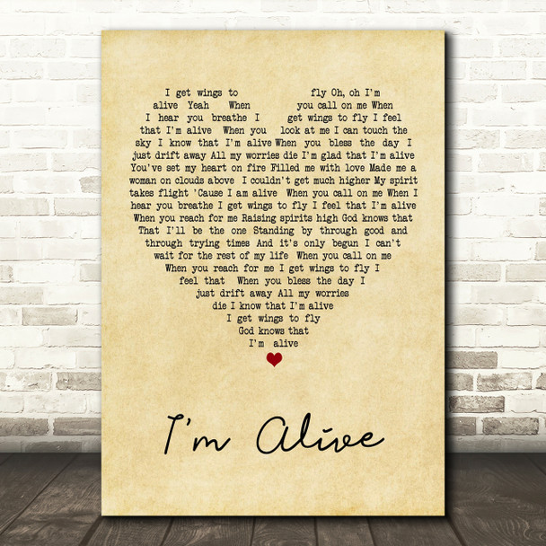 Celine Dion I'm Alive Vintage Heart Song Lyric Quote Print