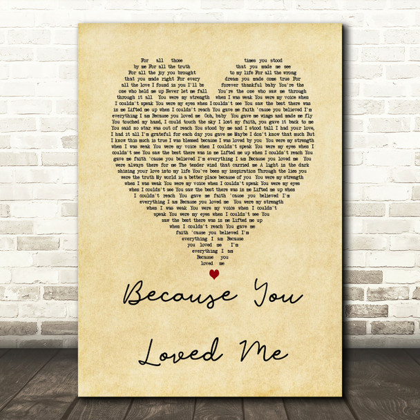 Celine Dione Because You Loved Me Vintage Heart Song Lyric Quote Print