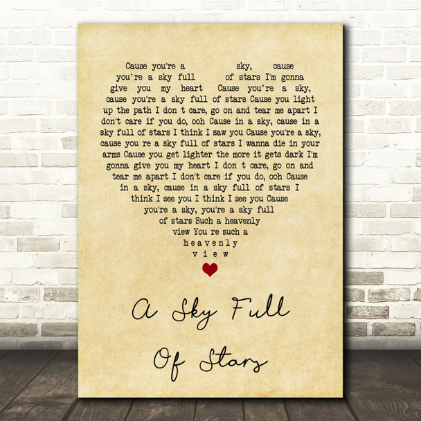 Coldplay A Sky Full Of Stars Vintage Heart Song Lyric Quote Print