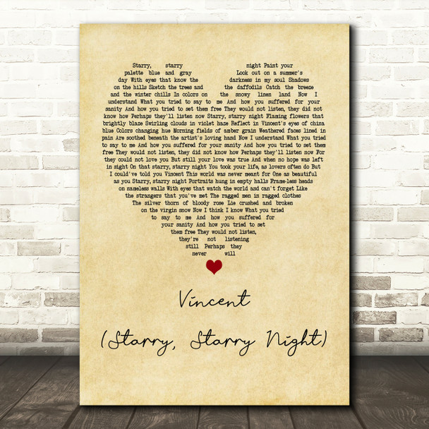Don McLean Vincent (Starry, Starry Night) Vintage Heart Song Lyric Quote Print