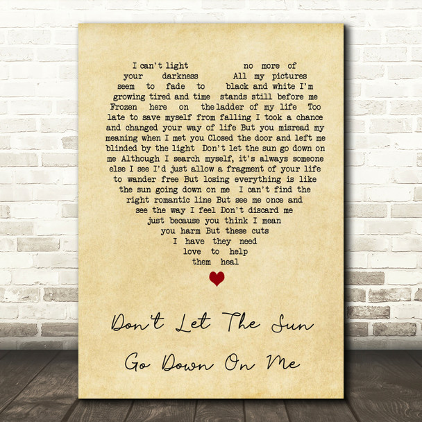 Don't Let The Sun Go Down On Me Elton John Vintage Heart Song Lyric Quote Print