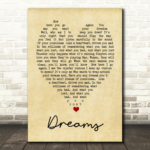 Dreams Fleetwood Mac Vintage Heart Quote Song Lyric Print