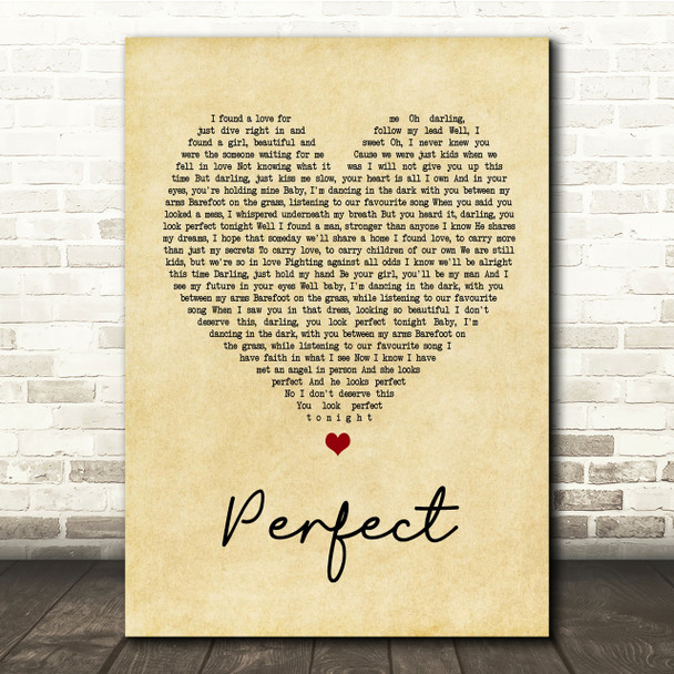 Ed Sheeran & Beyonce Perfect Vintage Heart Song Lyric Quote Print