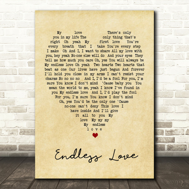 Endless Love Luther Vandross Vintage Heart Song Lyric Quote Print