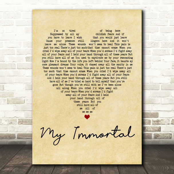 Evanescence My Immortal Vintage Heart Song Lyric Quote Print