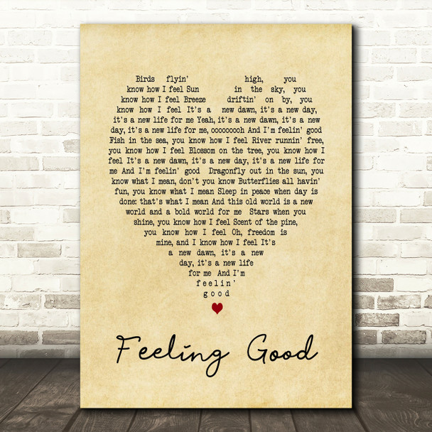 Feeling Good Nina Simone Vintage Heart Song Lyric Quote Print