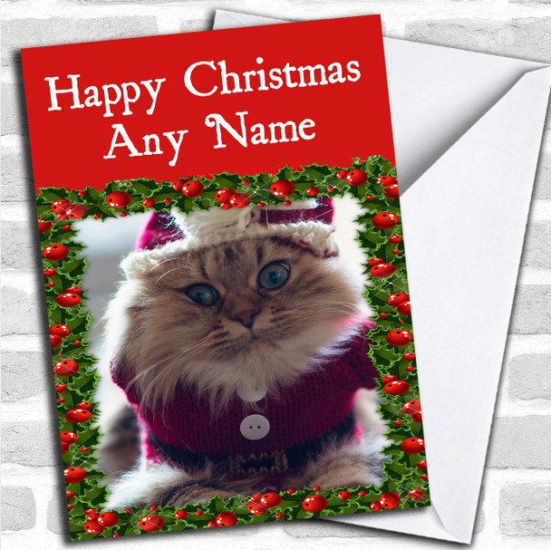 Cat And Holly Christmas Card Personalized