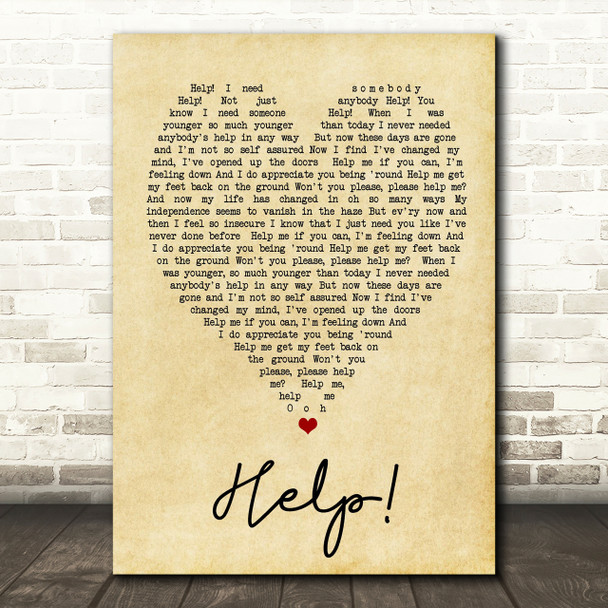 Help The Beatles Vintage Heart Quote Song Lyric Print