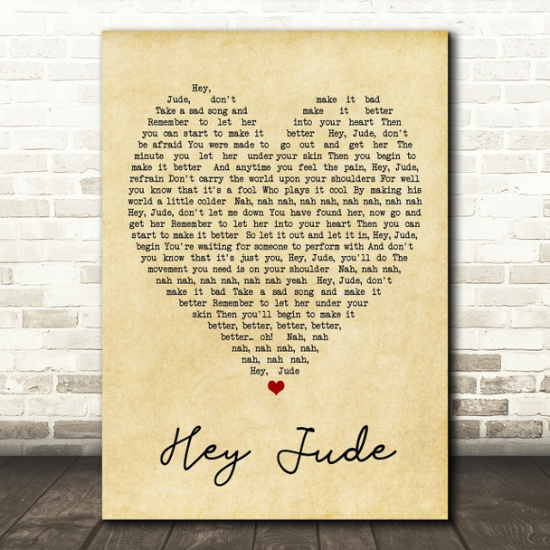 Hey Jude The Beatles Vintage Heart Quote Song Lyric Print