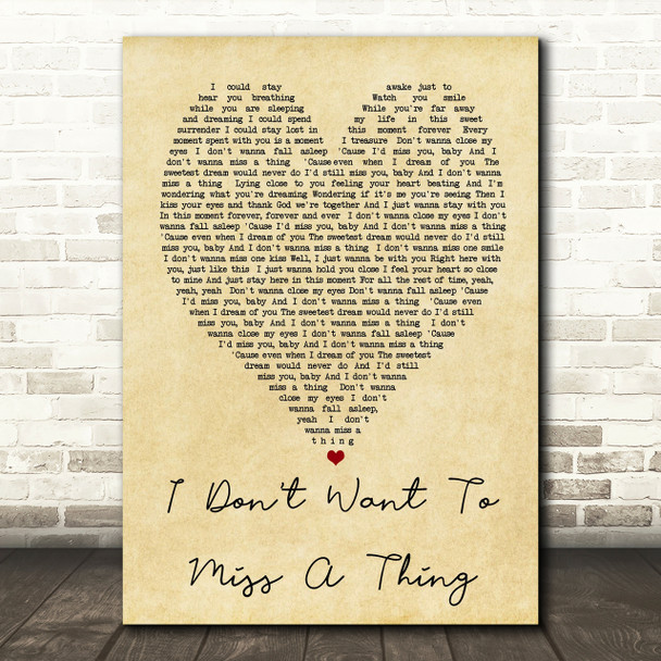 I Don't Want To Miss A Thing Aerosmith Vintage Heart Quote Song Lyric Print