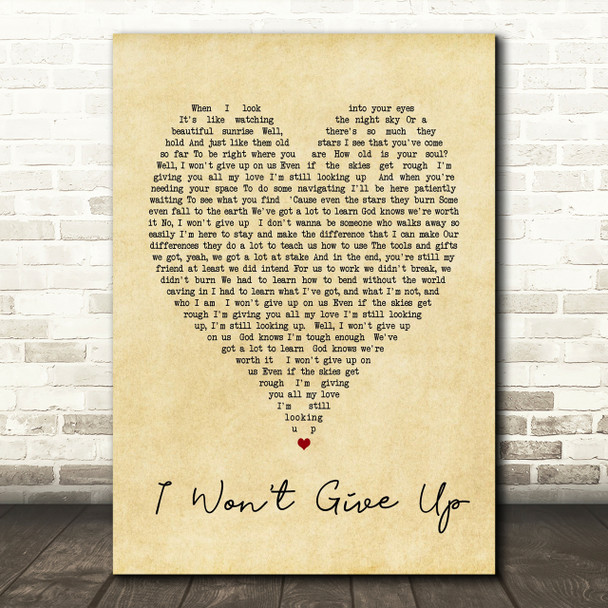 I Won't Give Up Jason Mraz Vintage Heart Song Lyric Quote Print