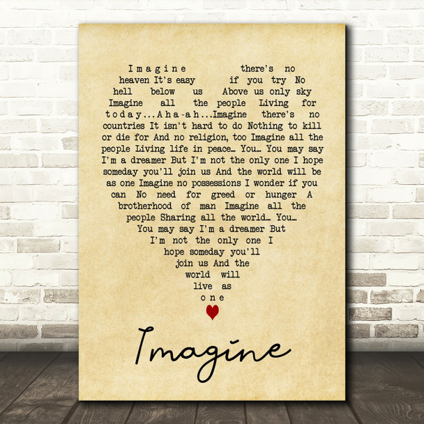 Imagine John Lennon Vintage Heart Quote Song Lyric Print