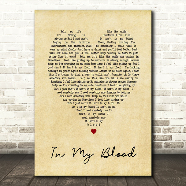 In My Blood Shawn Mendes Vintage Heart Song Lyric Quote Print