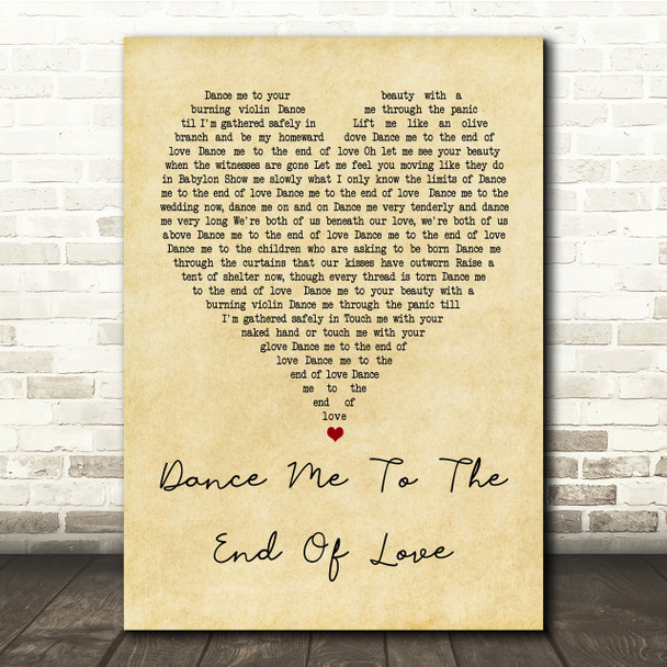 Leonard Cohen Dance Me To The End Of Love Vintage Heart Song Lyric Quote Print