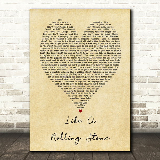 Like A Rolling Stone Bob Dylan Vintage Heart Quote Song Lyric Print