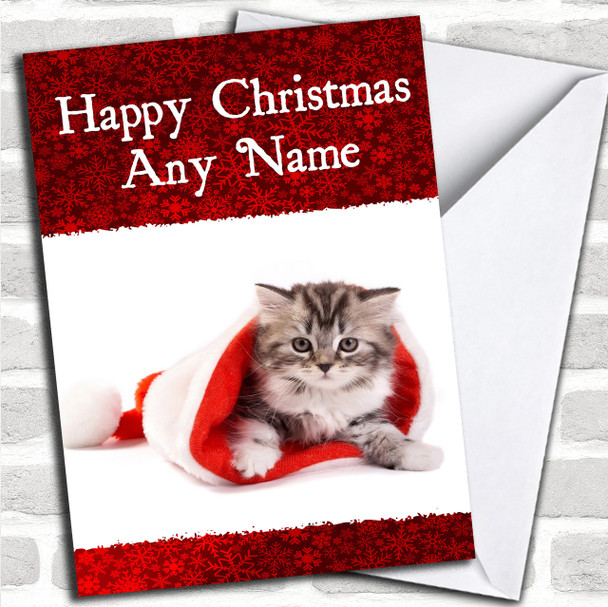 Red Fluffy Cat Christmas Card Personalized