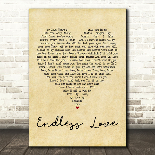 Lionel Richie & Mariah Carey Endless Love Vintage Heart Song Lyric Quote Print