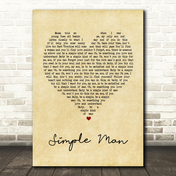 Lynyrd Skynyrd Simple Man Vintage Heart Song Lyric Quote Print