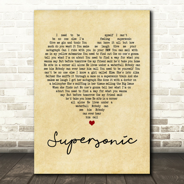 Oasis Supersonic Vintage Heart Song Lyric Quote Print