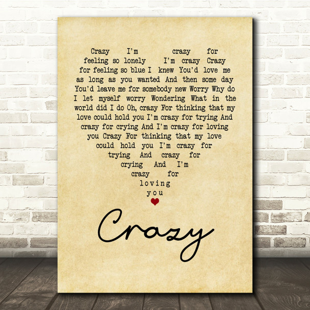Patsy Cline Crazy Vintage Heart Song Lyric Quote Print