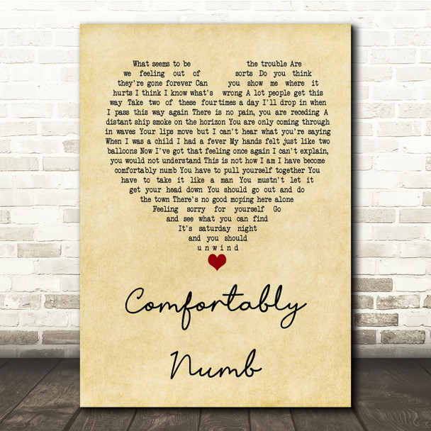Pink Floyd Comfortably Numb Vintage Heart Song Lyric Quote Print